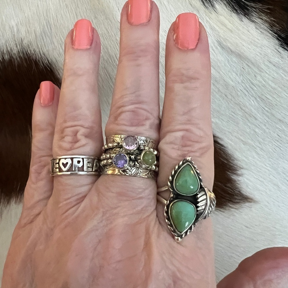 ❤️ Kingman Turquoise 2 Stone Statement Ring Southwestern Navajo Style Size 8.75 - Picture 3 of 13